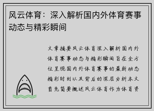 风云体育：深入解析国内外体育赛事动态与精彩瞬间